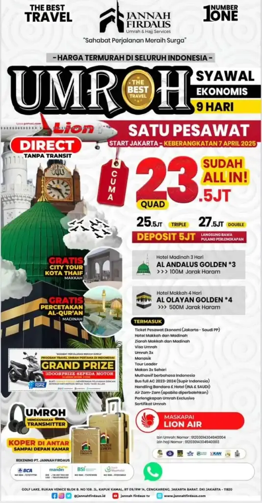 Paket umroh ekonomis Jannah Firdaus 9 hari 7 April 2024
